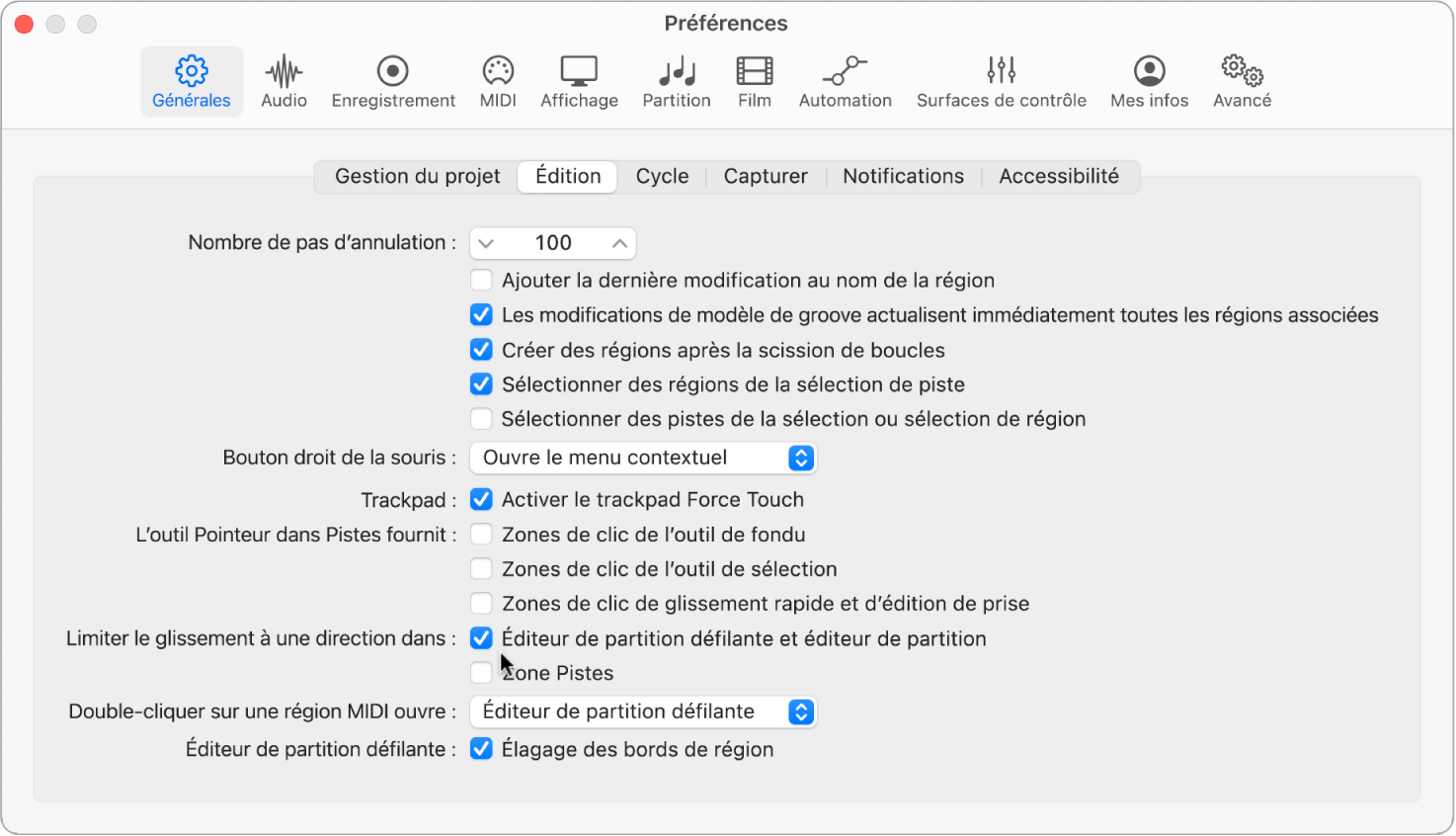 Figure. Préférences générales d’édition avec options permettant de limiter le mouvement de glissement des notes