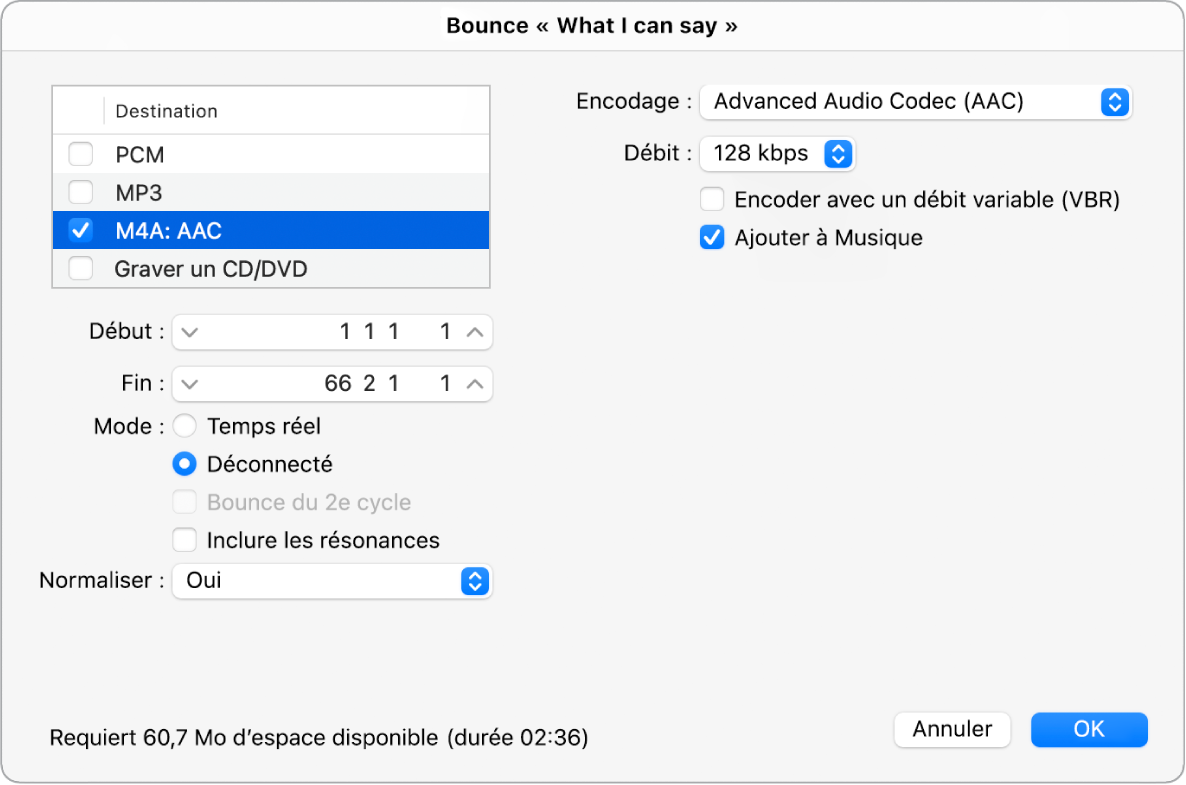 Figure. Options du format M4A AAC dans la fenêtre Bounce.