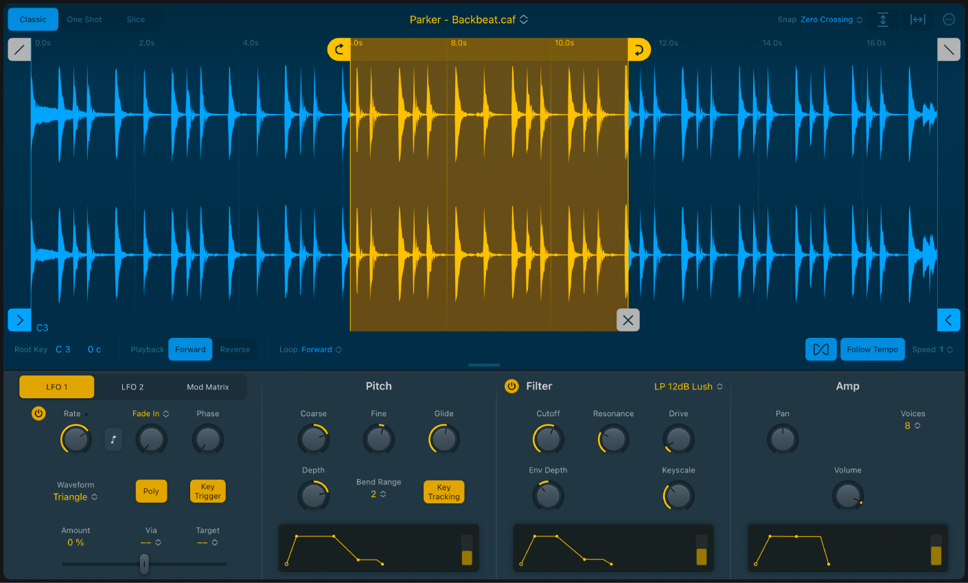 Abbildung. Wellenformanzeige im Quick Sampler-Modus „Classic“ mit Start- und Ende-Markern, Loop-Start und Loop-Ende-Markern sowie einer Loop-Region, einem Crossfade-Marker und den dazugehörigen Parametern für den Modus „Classic“