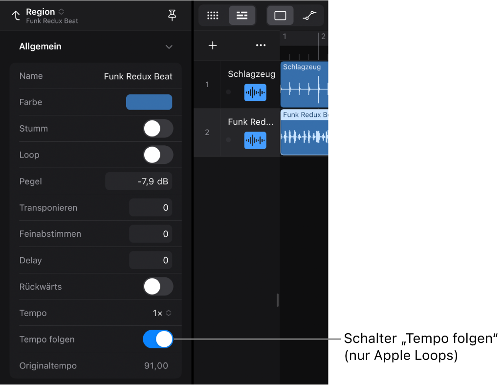 Abbildung. Das Informationsfenster „Region“ zeigt den Schalter „Tempo folgen“ für Apple Loops für Audio.