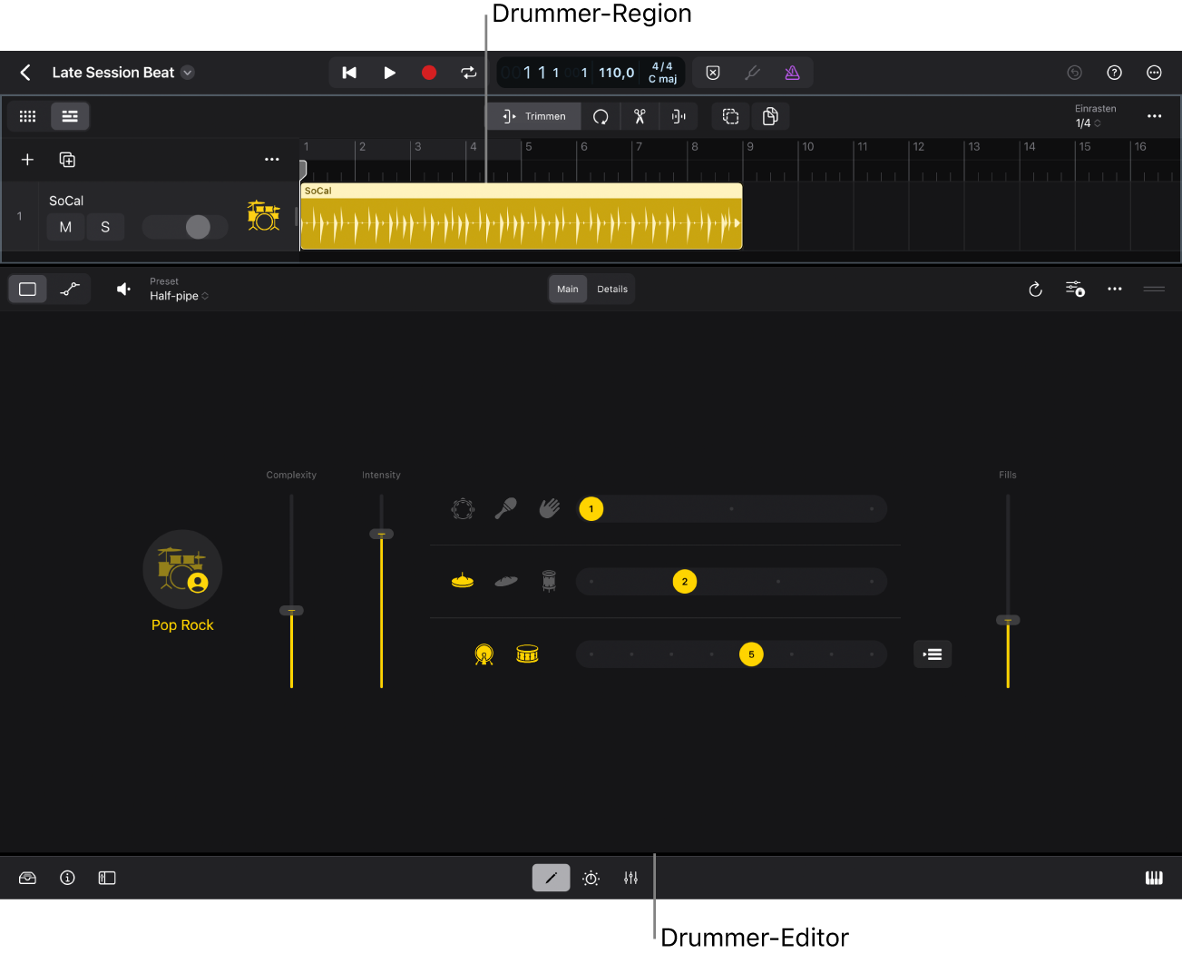 Abbildung. Eine Drummer-Region und der Drummer-Editor.
