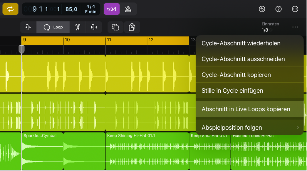 Abbildung. Die Taste „Mehr“ in der Menüleiste des Bereichs „Spuren“ mit der hervorgehobenen Option „Abschnitt in Live Loops kopieren“.