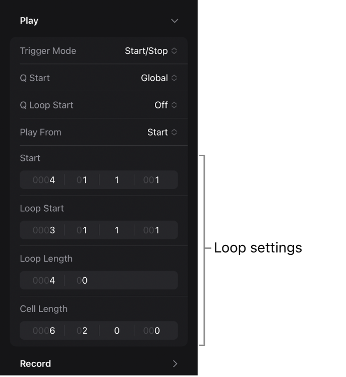 Figure. Loop settings in the Cell inspector.