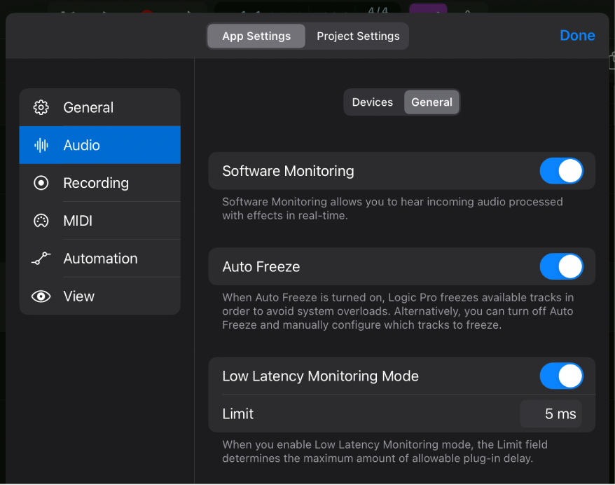 Figure. General Audio settings.