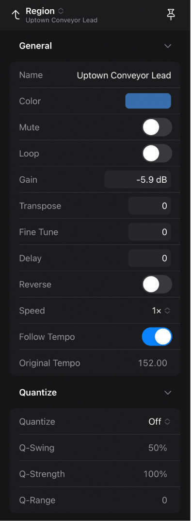 Inspector open showing region parameters.