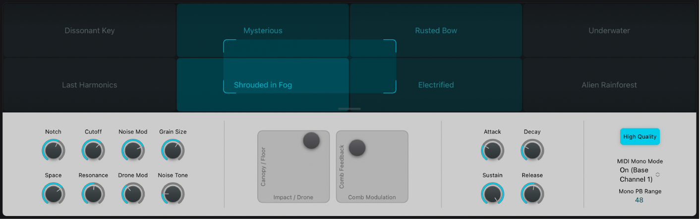 Figure. Performance controls section, showing Transform pad, knobs, and XY pads.