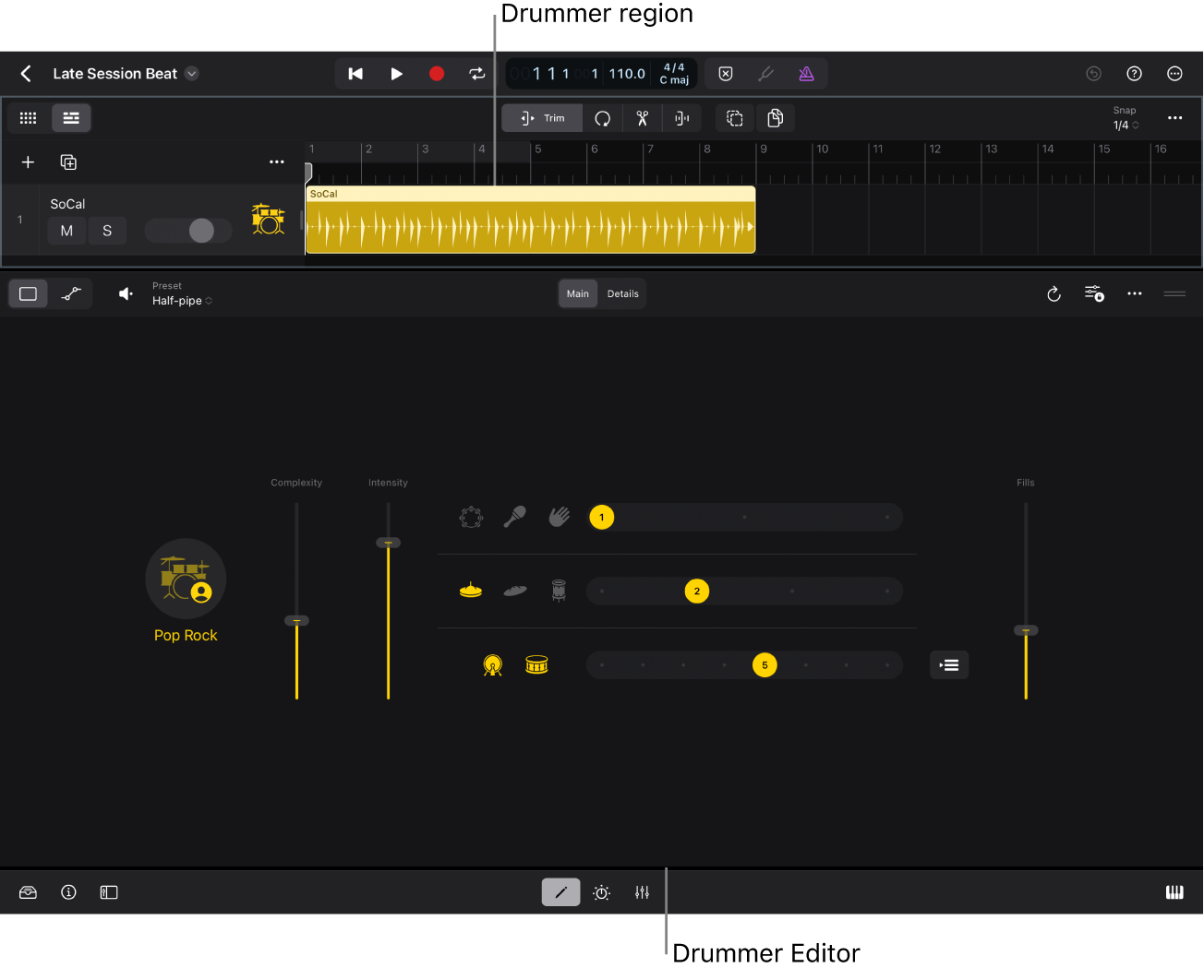 Figure. A Drummer region and the Drummer Editor.