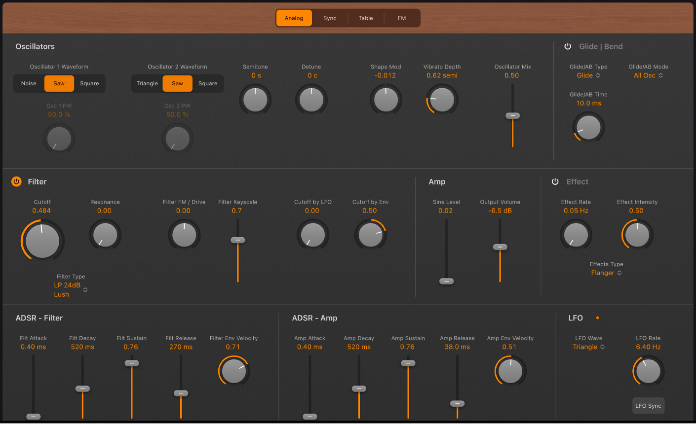 Figure. Retro Synth Analog oscillator parameters.