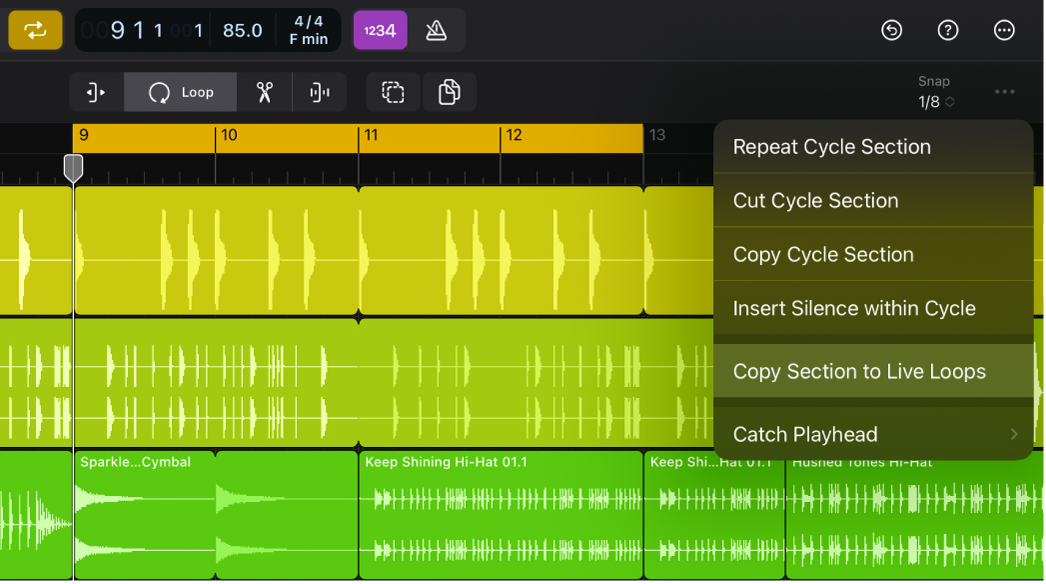 Figure. The More menu in the Tracks area menu bar with Copy Section to Live Loops highlighted.