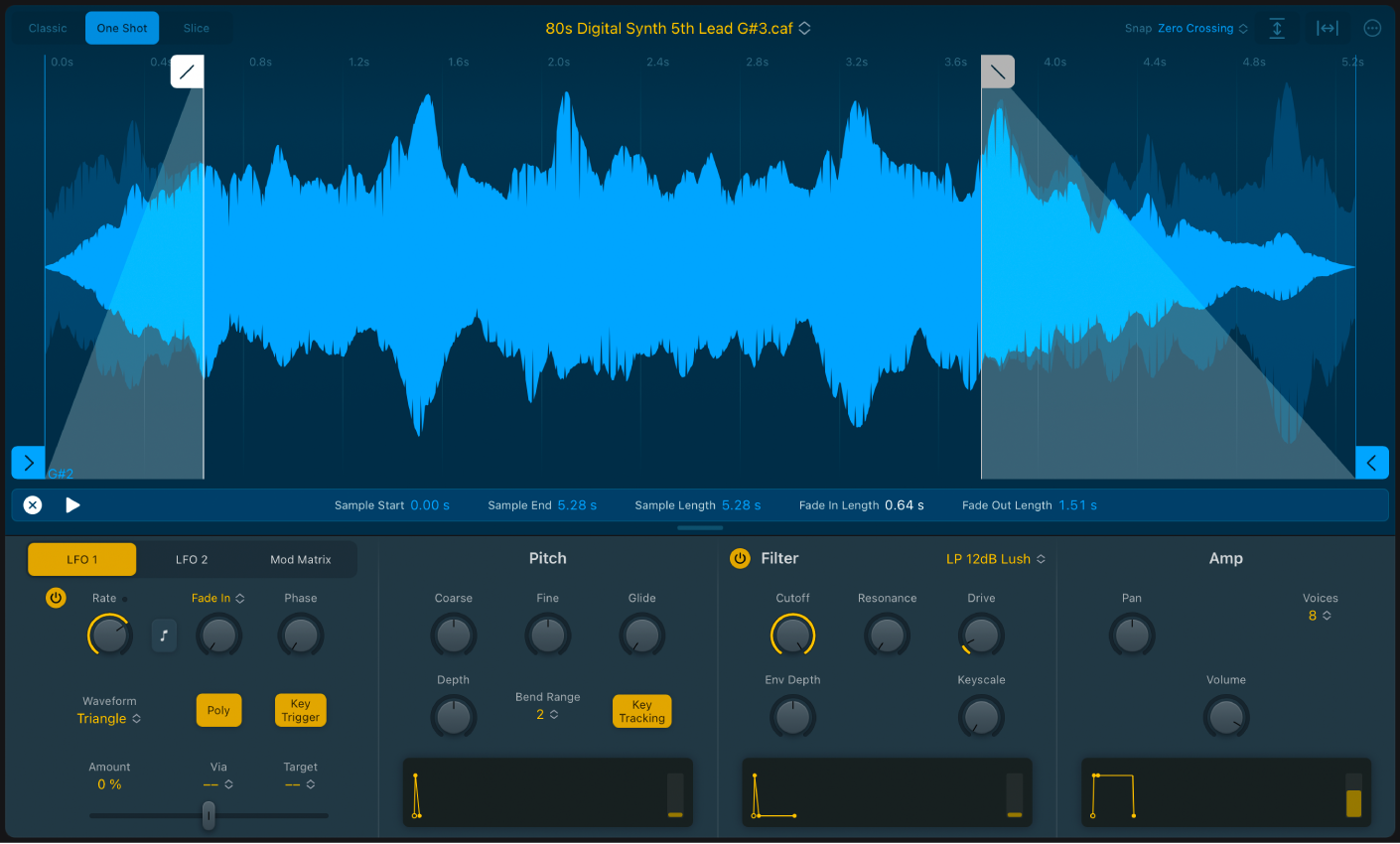 Figure. Quick Sampler One Shot mode waveform display, showing start and end markers, fade in and fade out markers, and related parameters.