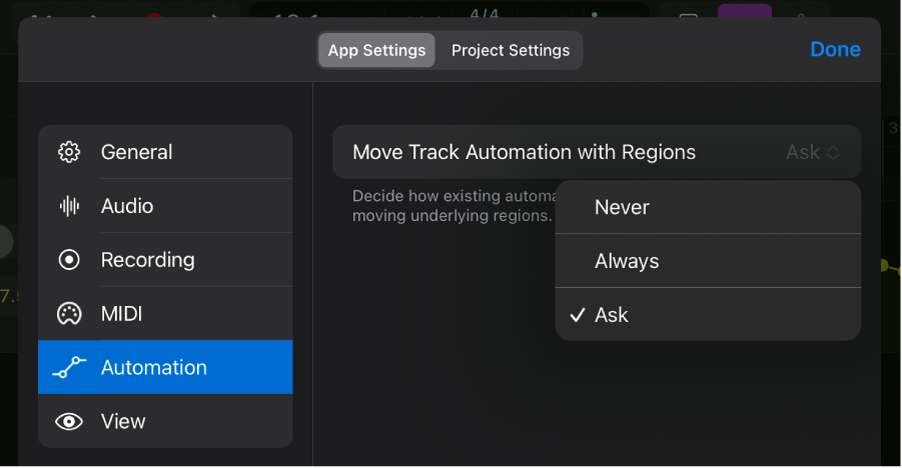 Figure. Automation app settings.