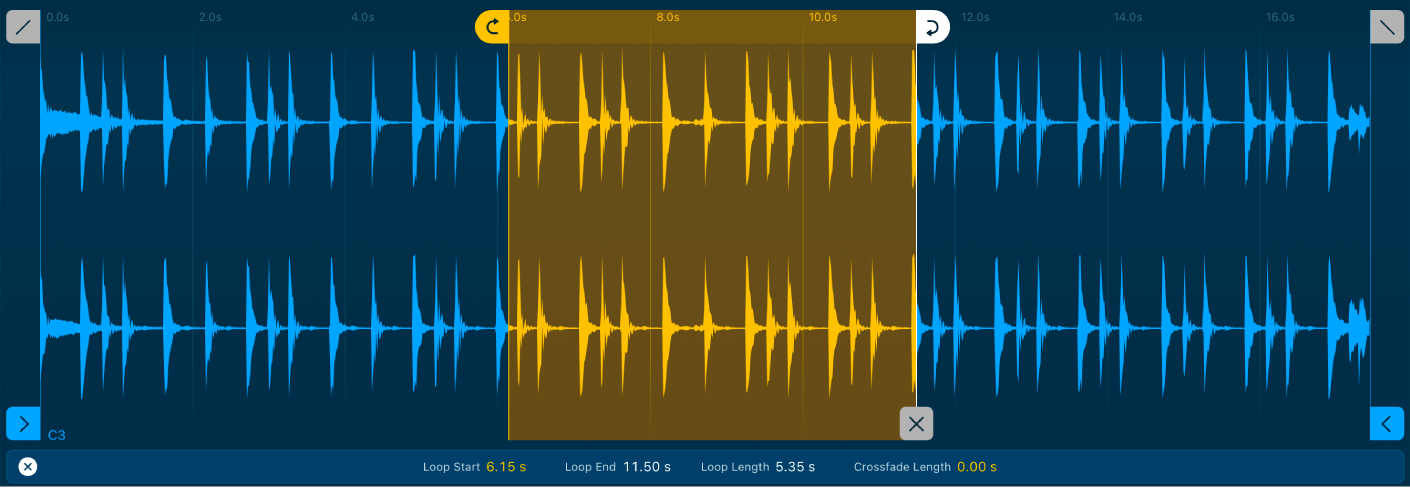 Figure. Quick Sampler waveform display, showing values for the selected marker on the parameter display bar.