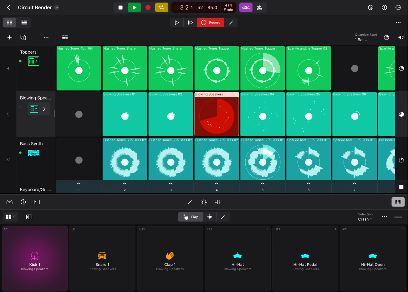 Figure. Drum Pads being used to record to a cell.