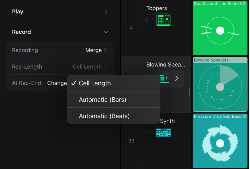 Figure. Rec-Length settings pop-up menu in the Cell inspector.