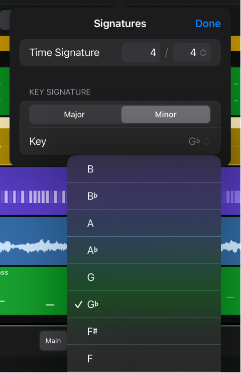 Signatures dialog showing Key Signature area with Key pop-up menu open.