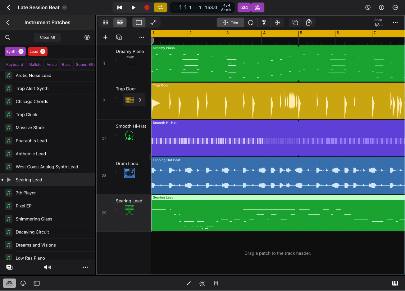 Figure. Logic Pro for iPad showing Instrument Patches view in the Browser.