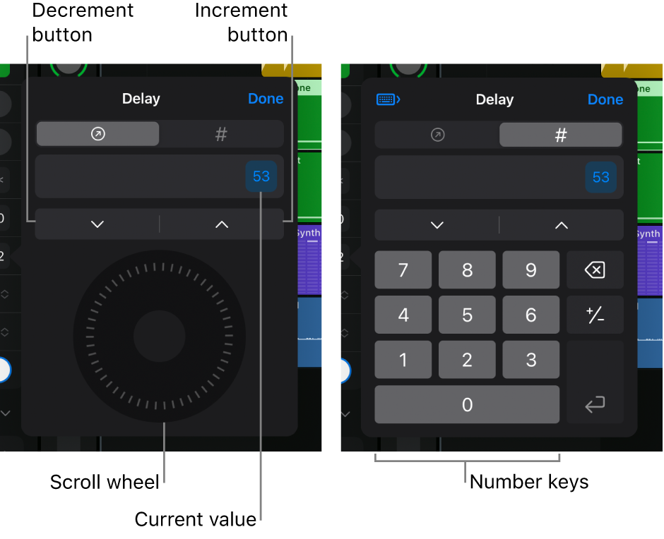 Figure. numeric input dialog showing title, current value, Decrement and Increment buttons,  scroll wheel, and number keys.