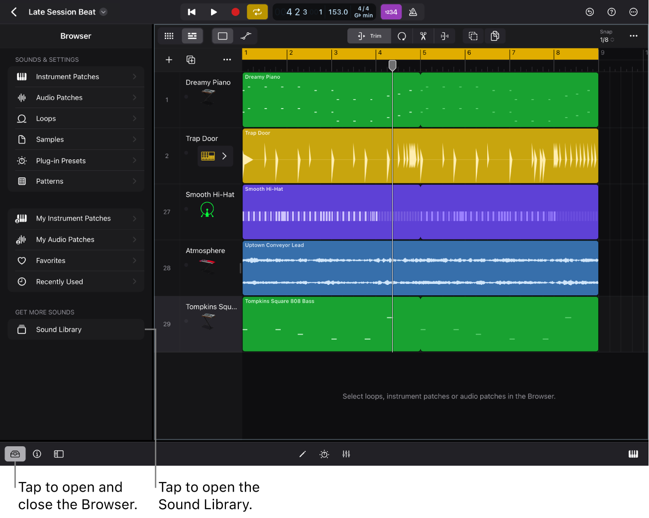 Figure. The Browser in Logic Pro for iPad.