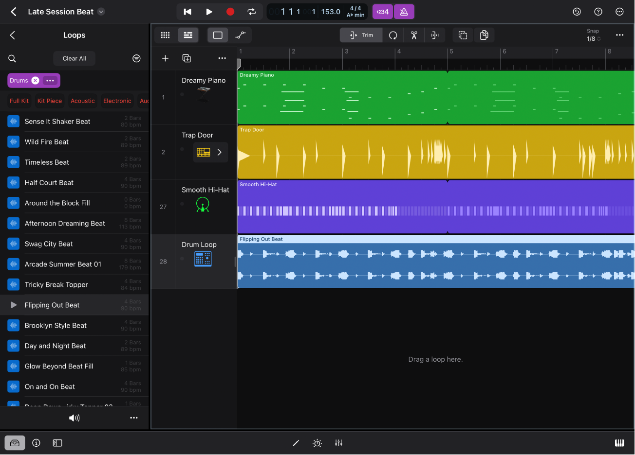 Figure. Logic Pro for iPad showing Loops view in the Browser.