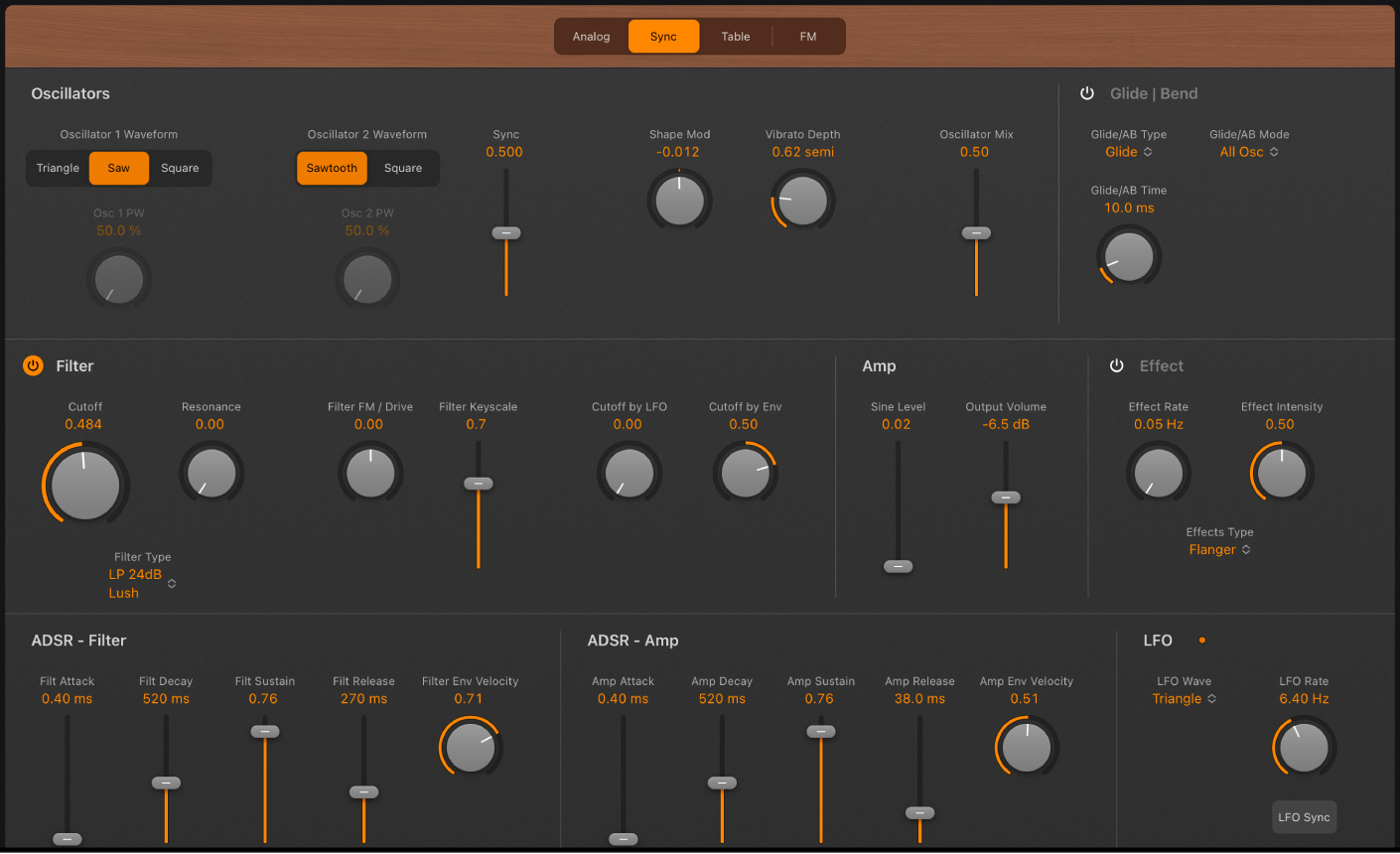 Figure. Retro Synth Sync oscillator parameters.