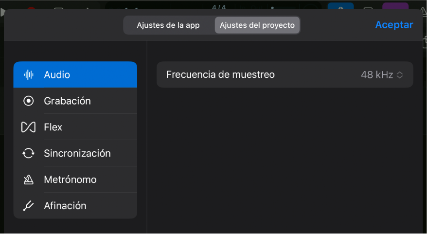 Ajustes del proyecto de audio.