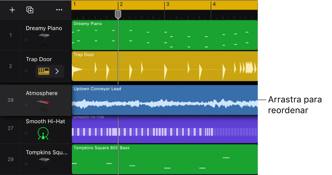 Ilustración. Área de pistas que muestra una pista de audio arrastrándose a una pista de instrumento.