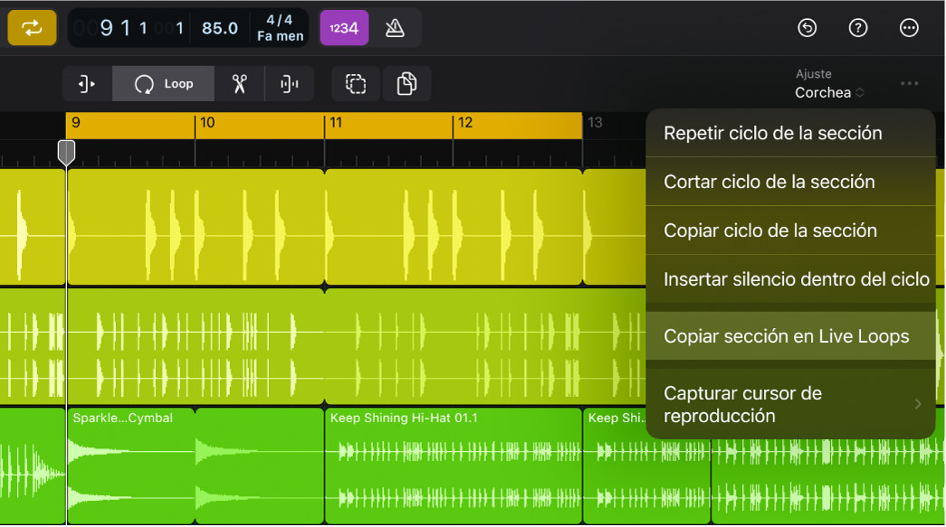 Ilustración. Menú Más de la barra de menús del área de pistas con la opción “Copiar sección en Live Loops” resaltada.