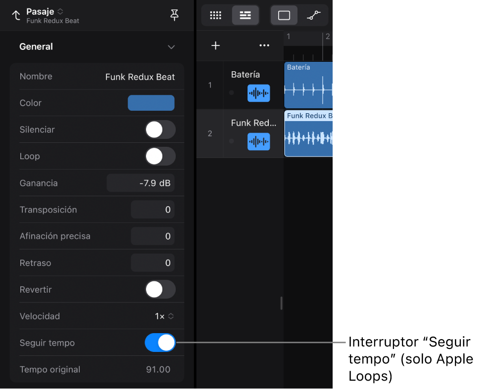 Ilustración. Inspector de pasajes con el conmutador “Seguir tempo” para Apple Loops de audio.