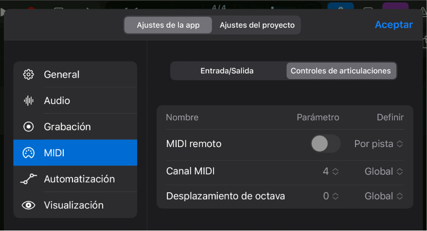 Pestaña “Controles de articulaciones” de la página de ajustes MIDI.