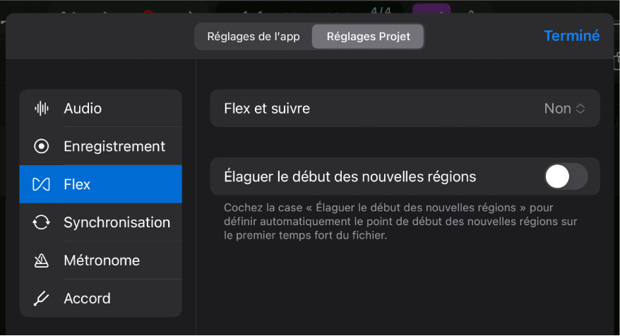 Réglages Flex de projet.