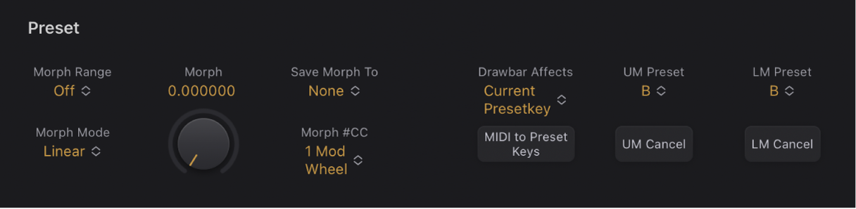 Figure. Commandes Preset et Morph du Vintage B3.