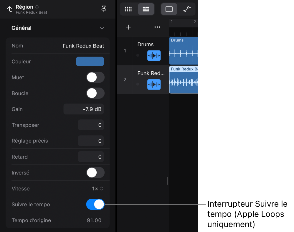 Figure. Inspecteur de région affichant le commutateur « Suivre le tempo » pour les boucles audio Apple Loops.