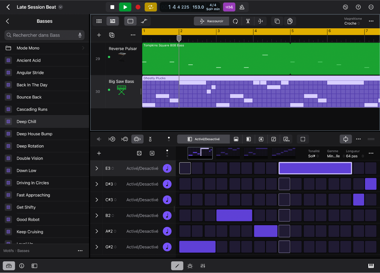 Figure. Logic Pro pour iPad montrant la présentation Motifs dans le navigateur.