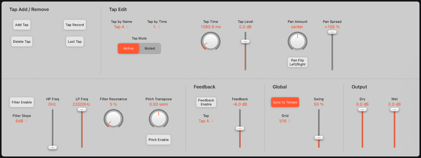 Figure. Fenêtre Delay Designer reprenant les zones principales de l’interface.