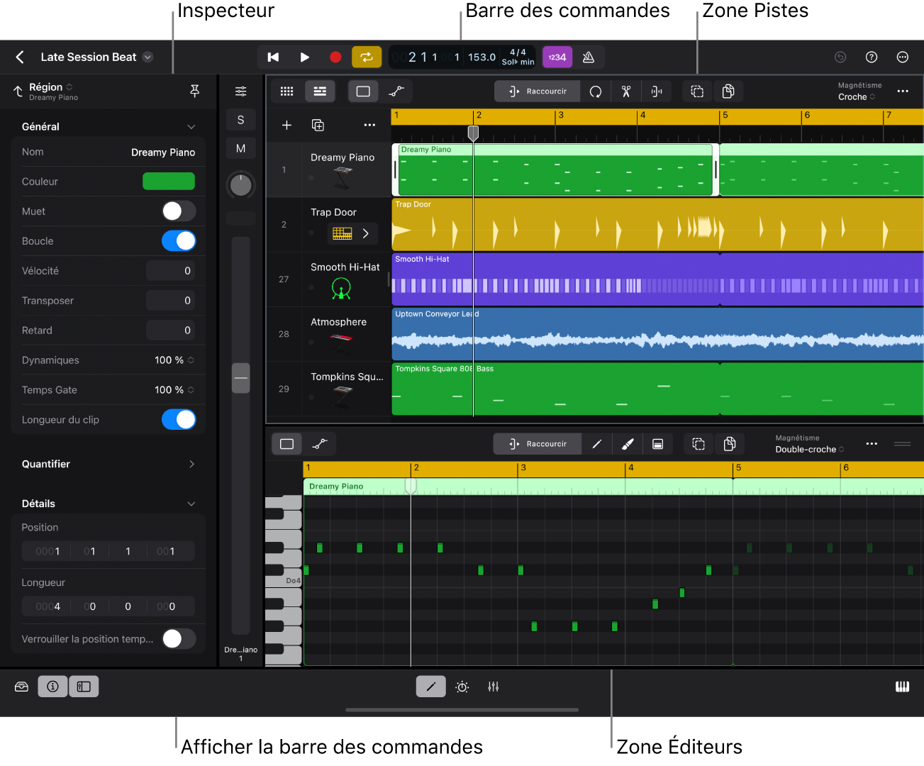 Figure. Interface Logic Pro montrant la zone de pistes, l’inspecteur et l’éditeur de partition défilante ouverts.