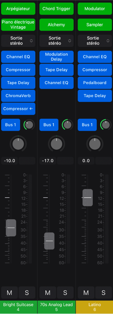 Figure. Tranches de console montrant des modules d’effet MIDI, d’instrument et d’effet audio.