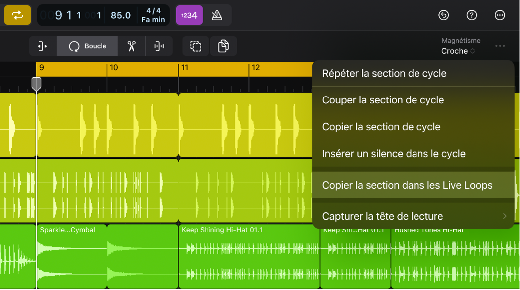 Figure. Bouton Plus de la barre des menus de la zone de pistes avec « Copier la section dans les Live Loops » en surbrillance.