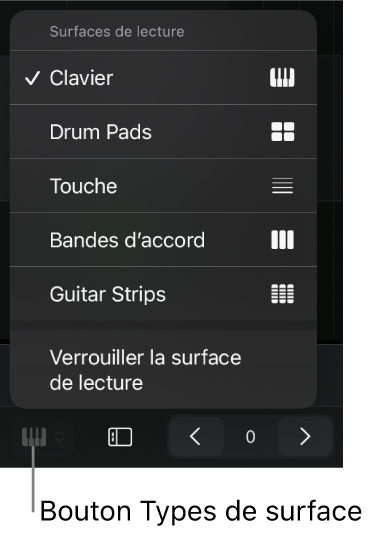 Figure. Bouton et menu « Types de surface ».