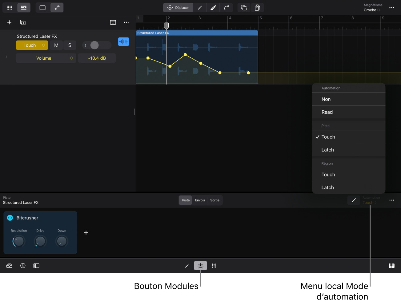 Figure. Menu local « Mode d’automation » dans la zone Modules.