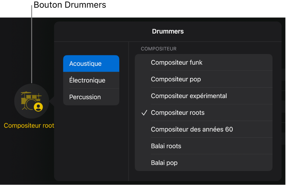 Figure. Bouton et menu Drummers.