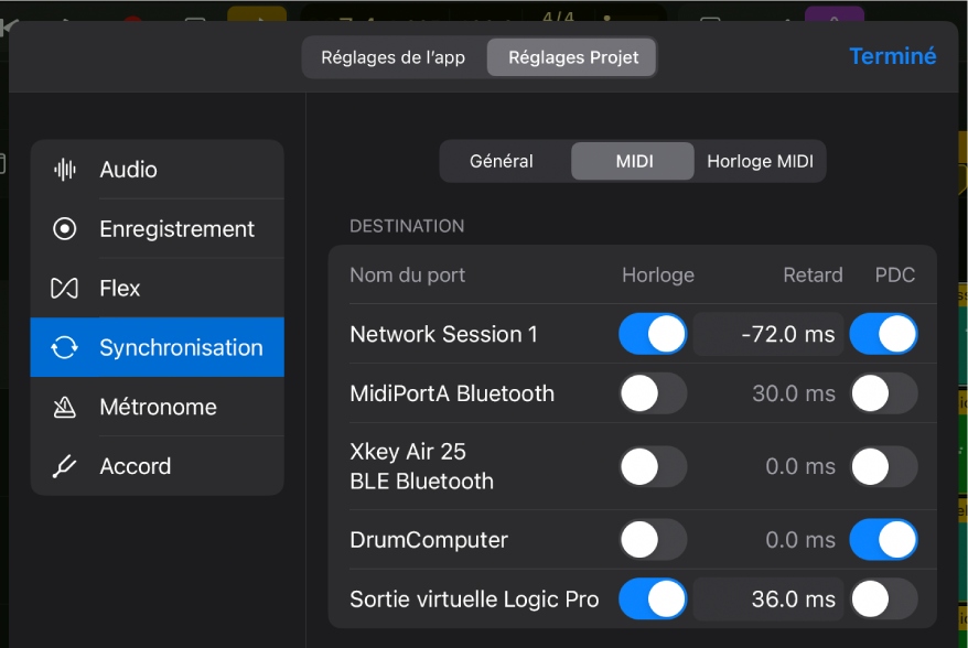 Réglages de synchronisation MIDI du projet.