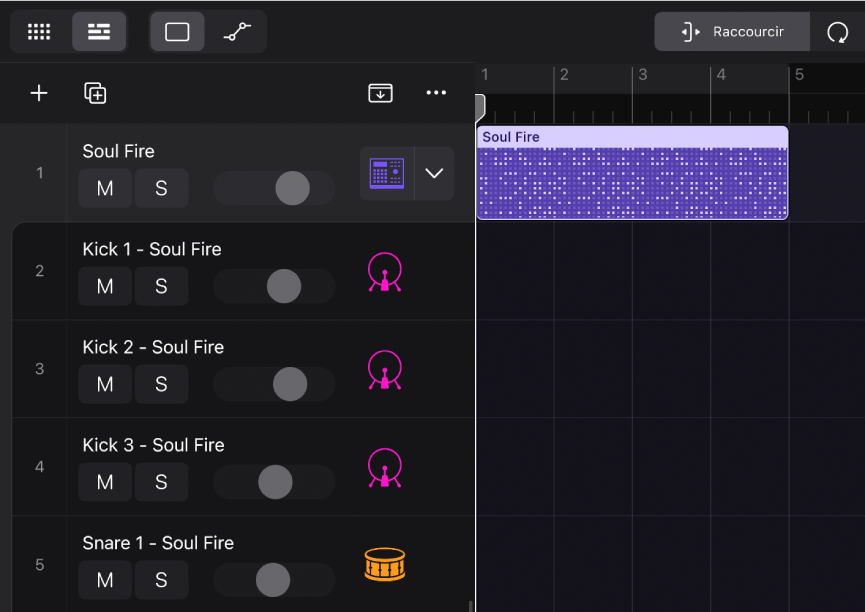 Figure. Track Stack Drum Machine Designer avec région de motif.