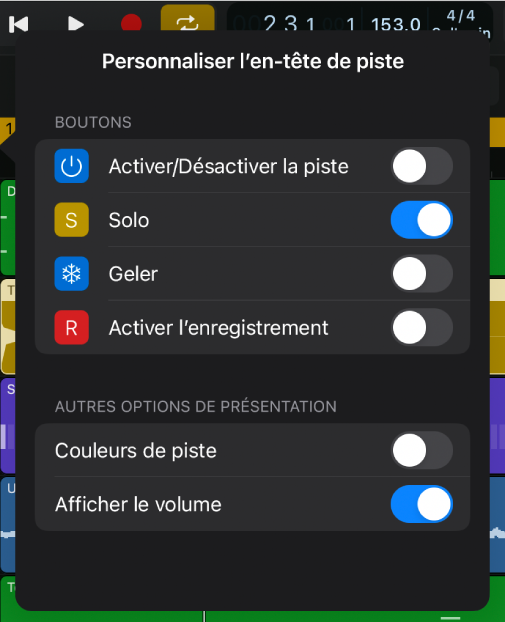 Figure. Fenêtre « Personnaliser l'en-tête de piste » montrant les boutons disponibles et d’autres options d’affichage.