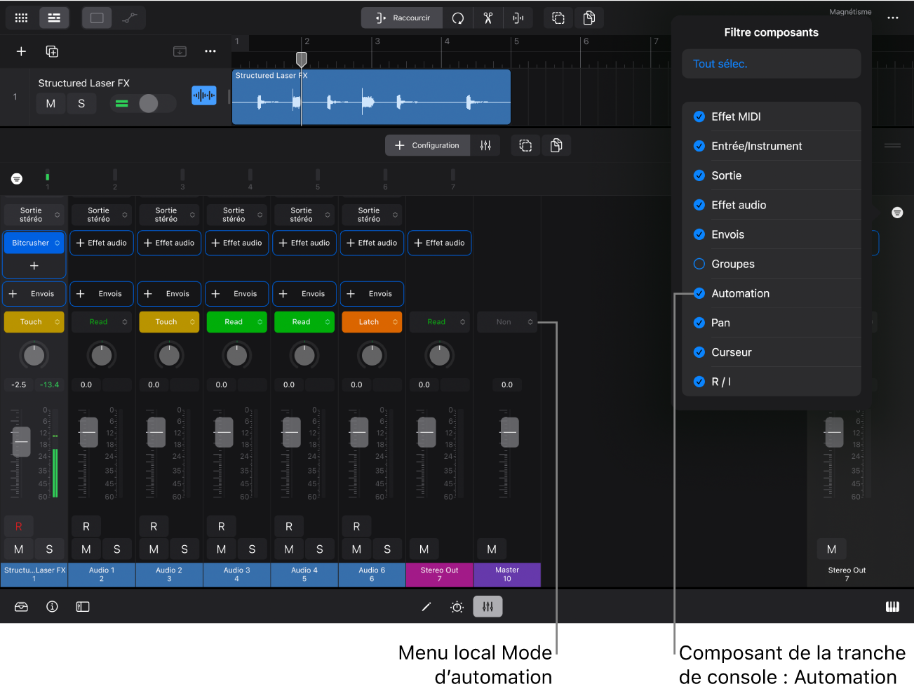 Figure. Menu local « Mode d’automation » dans la table de mixage.