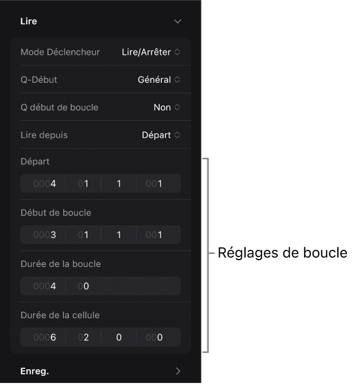 Figure. Réglages de boucle dans l’inspecteur de cellule.