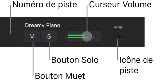 Figure. En-tête de piste ouvert montrant la barre du numéro de piste, les boutons Muet et Solo, le curseur Volume et l’icône de piste.
