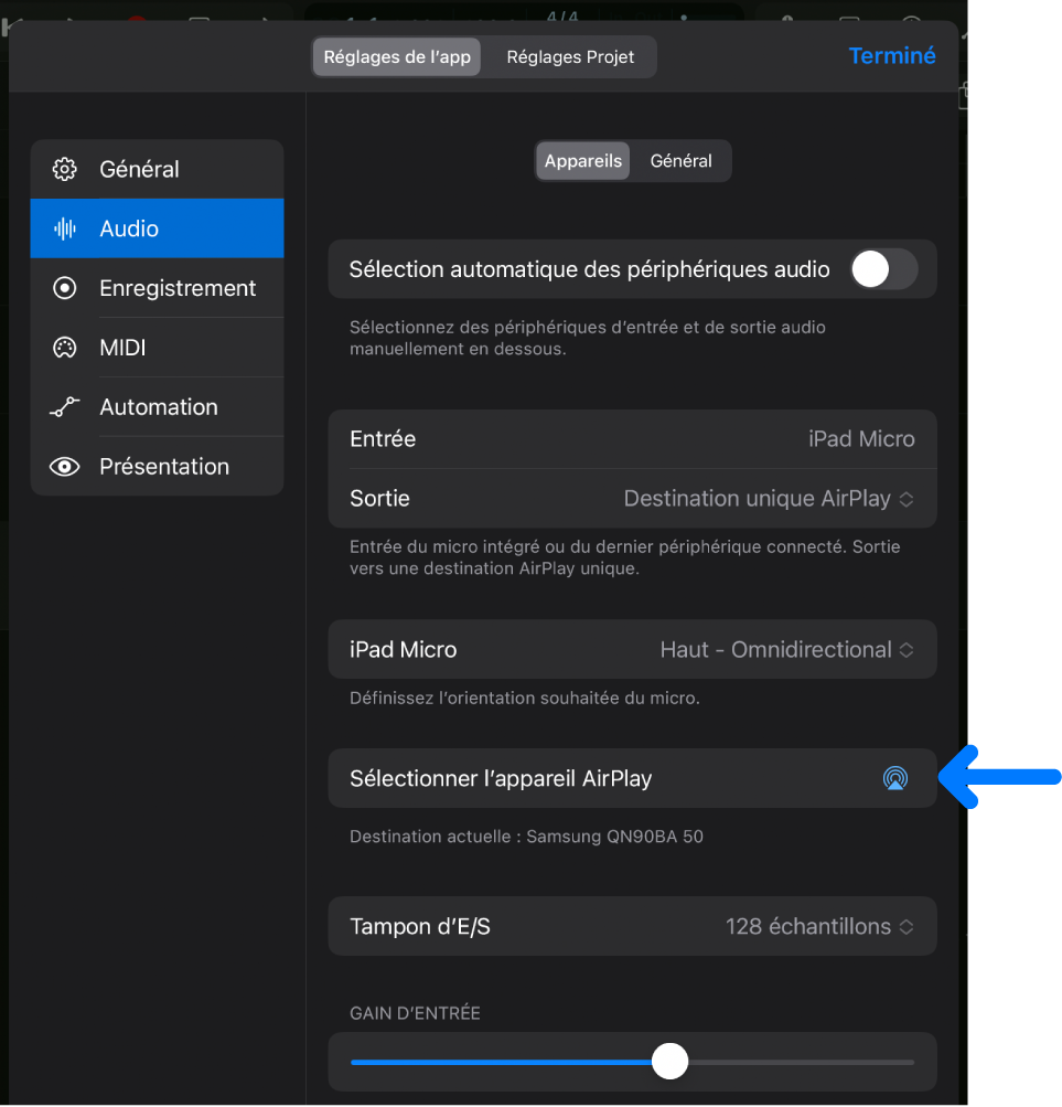 Figure. Réglages audio d’appareils, avec le bouton « Sélectionner l’appareil AirPlay ».