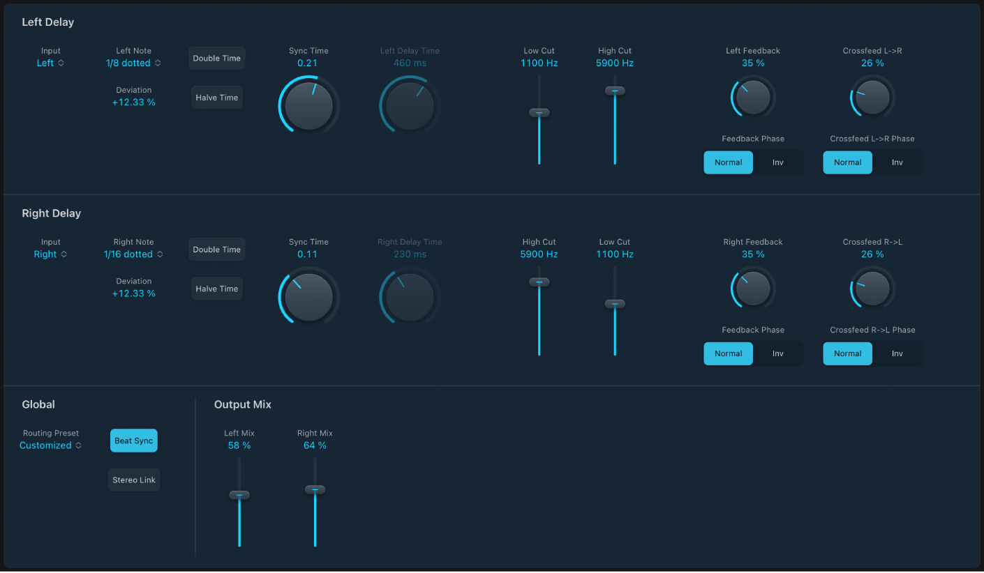 Figure. Fenêtre de l’effet Stereo Delay.