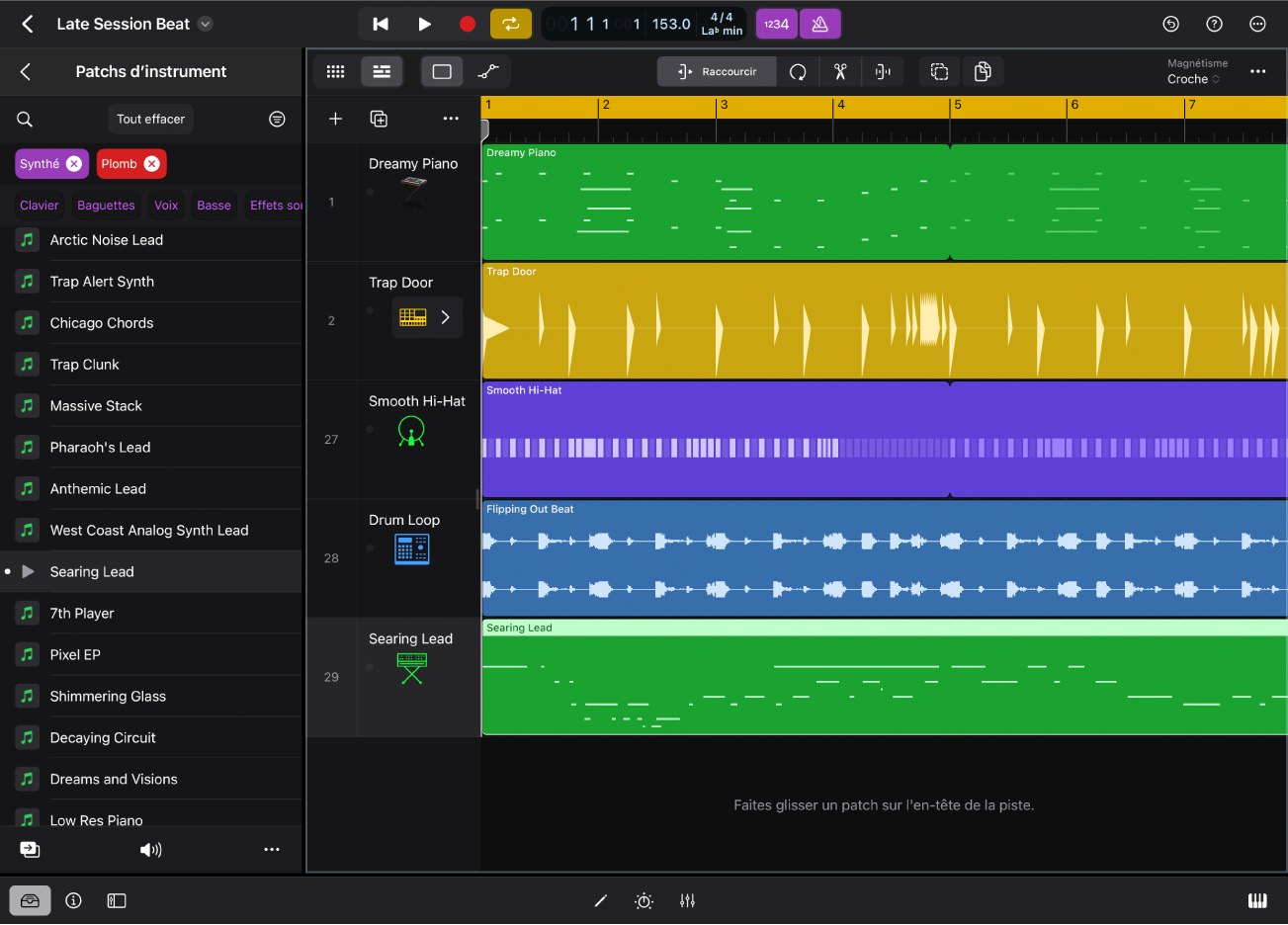 Figure. Logic Pro pour iPad montrant la présentation « Patchs d’instrument » dans le navigateur.