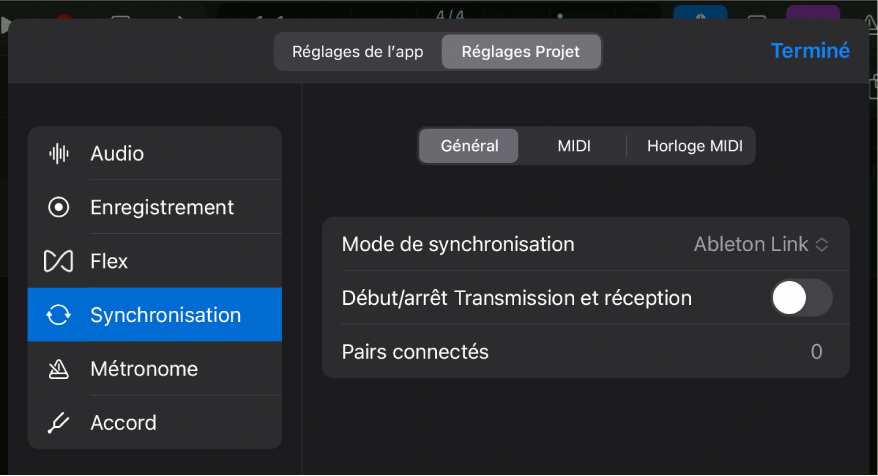 Réglages généraux de synchronisation du projet.